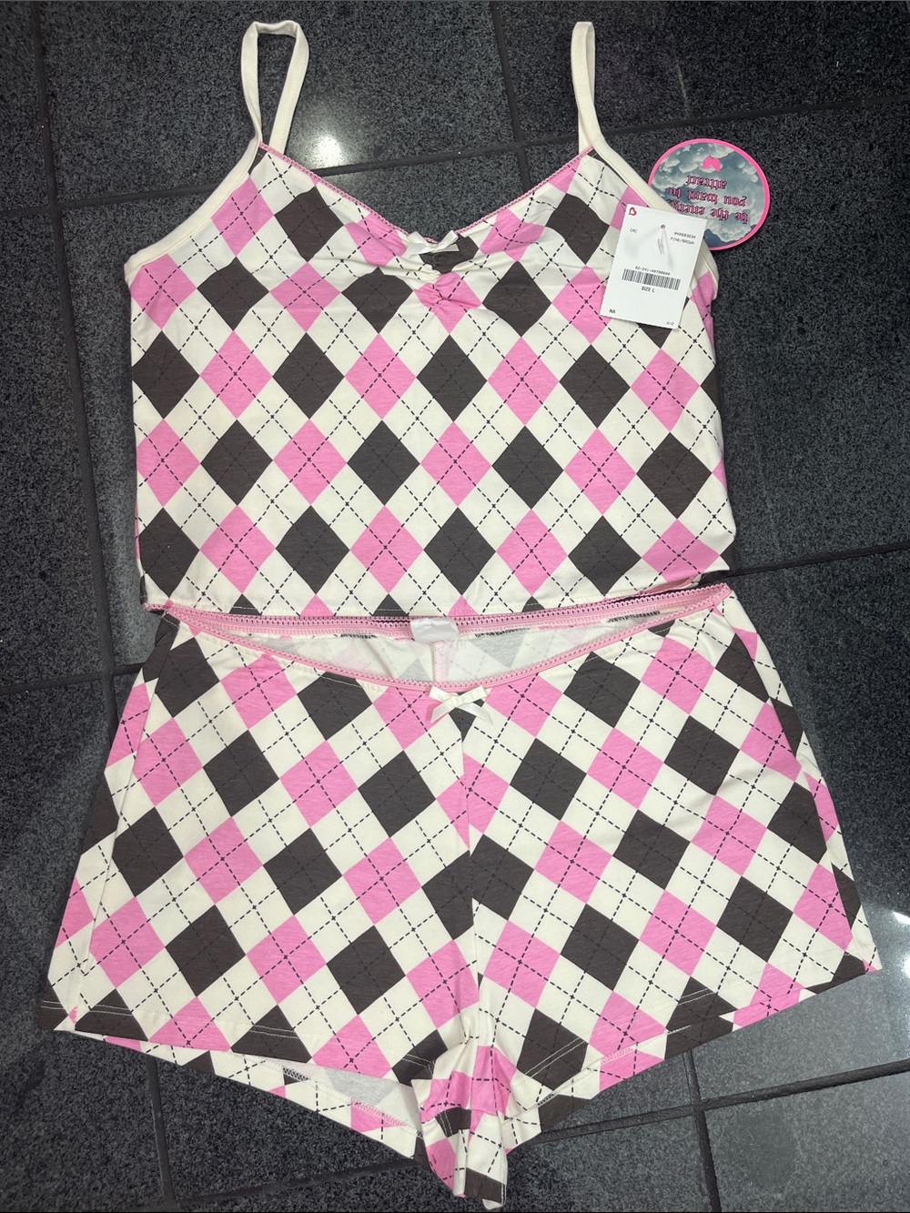 Boohoo Pink, Brown & Cream Argyle Tank Top and Shorts Pajama Set